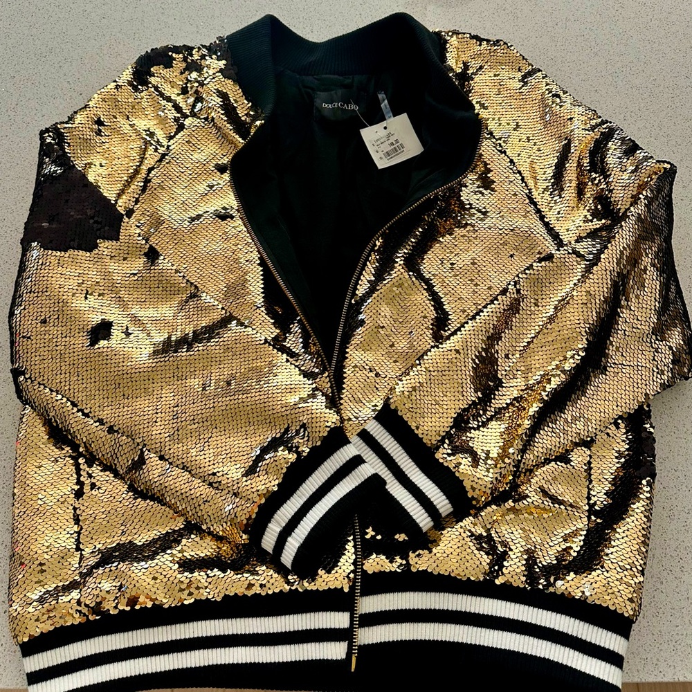 Black and Gold Sequin Bomber Jacket - Medium. New with tags.